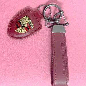 PORSCHE STUTTGART HOTROD Burgundy Red Suede Leather Crest KeyRing Key Chain